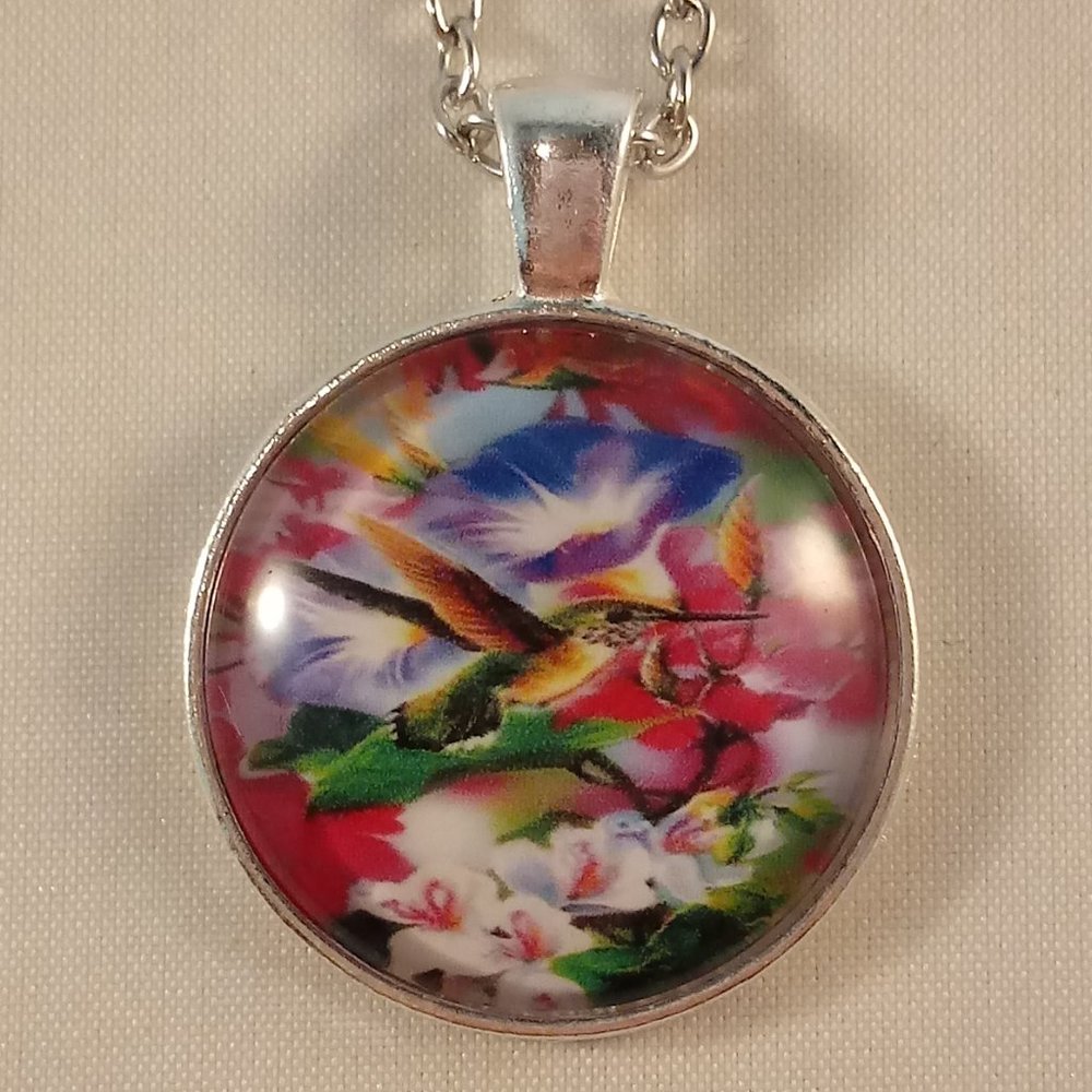 Silver Hummingbird Flowers Cabochon Pendant Chain Necklace Gift